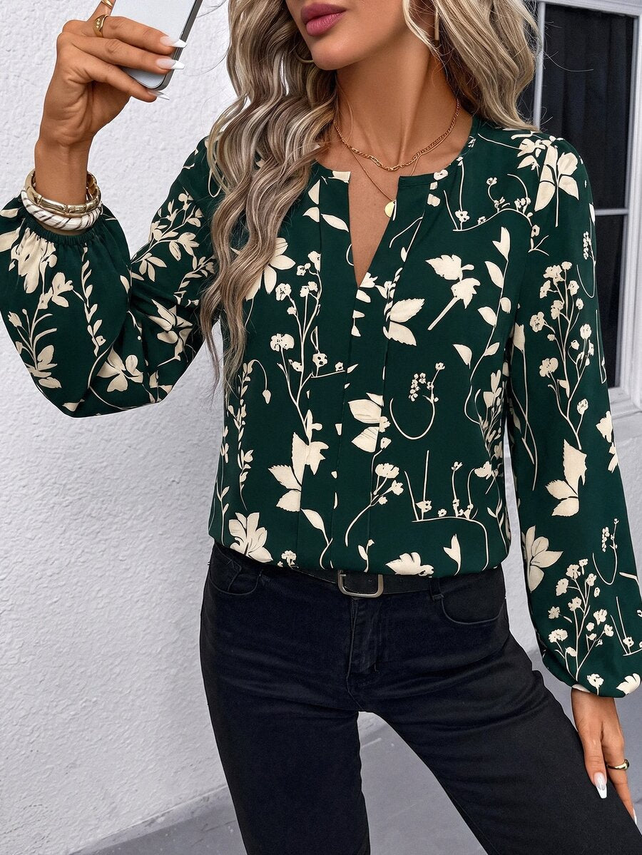 Nell Long Sleeve Blouse with Split V Neck and Lantern Sleeves - Green Floral