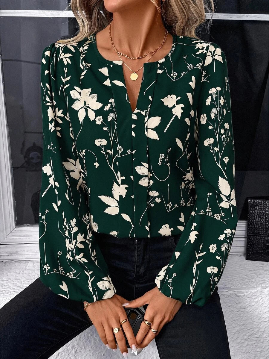 Nell Long Sleeve Blouse with Split V Neck and Lantern Sleeves - Green Floral