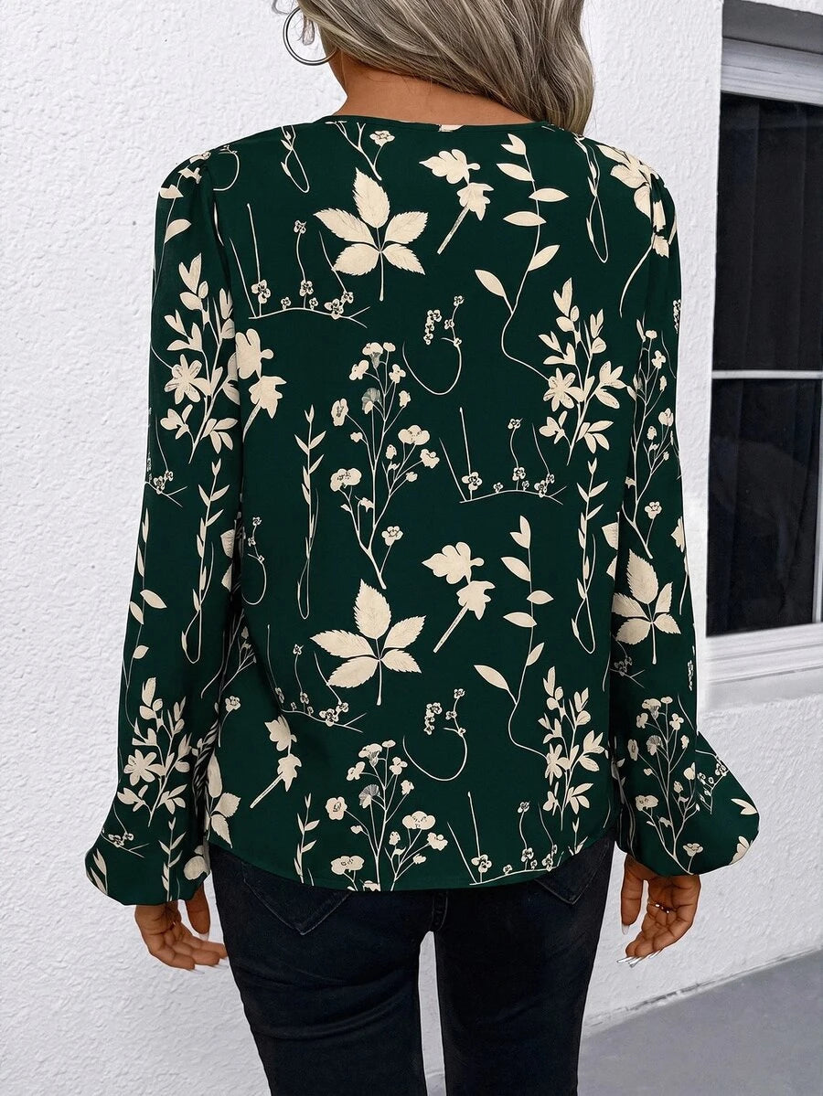 Nell Long Sleeve Blouse with Split V Neck and Lantern Sleeves - Green Floral