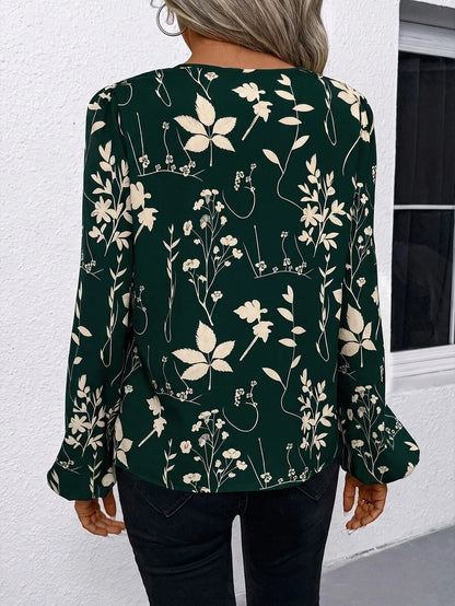 Nell Long Sleeve Blouse with Split V Neck and Lantern Sleeves - Green Floral