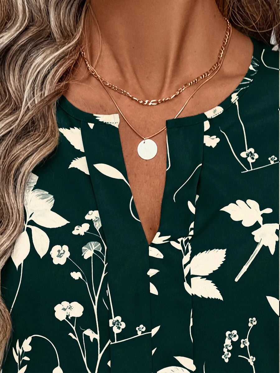 Nell Long Sleeve Blouse with Split V Neck and Lantern Sleeves - Green Floral