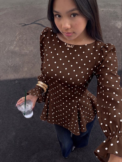 Piper Polka Dot Pleated Flare Sleeve Round Neck Shirt - Brown