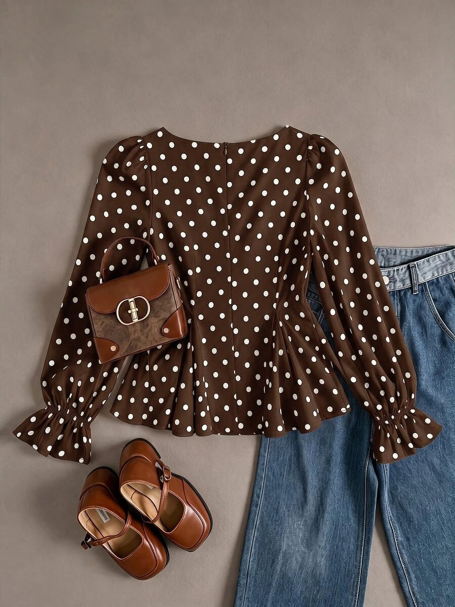 Piper Polka Dot Pleated Flare Sleeve Round Neck Shirt - Brown
