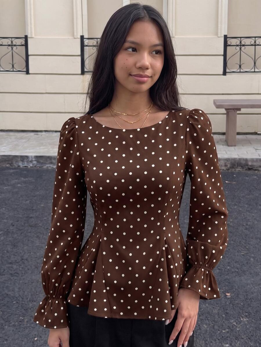 Piper Polka Dot Pleated Flare Sleeve Round Neck Shirt - Brown