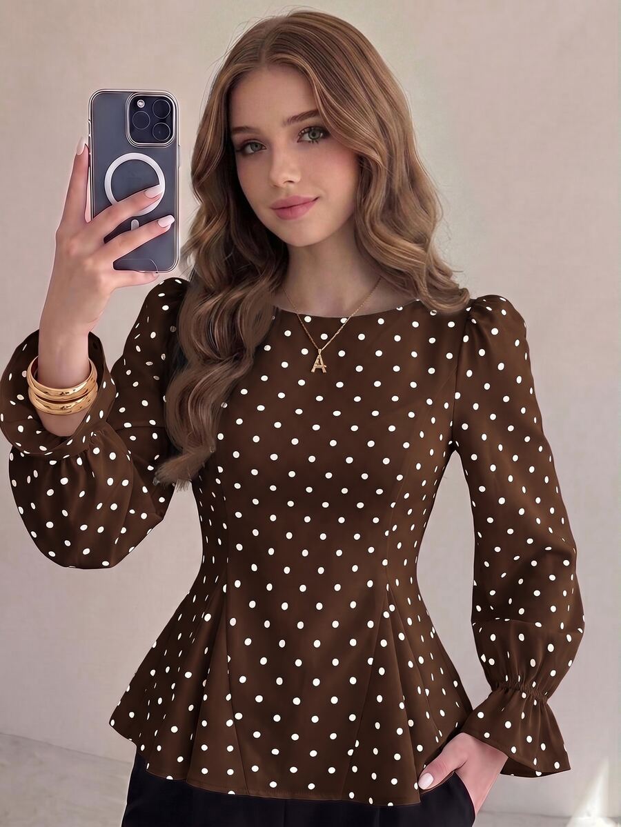 Piper Polka Dot Pleated Flare Sleeve Round Neck Shirt - Brown