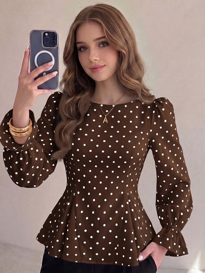 Piper Polka Dot Pleated Flare Sleeve Round Neck Shirt - Brown