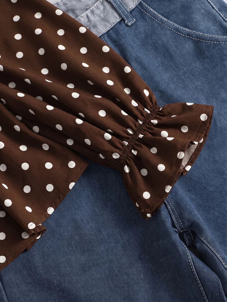 Piper Polka Dot Pleated Flare Sleeve Round Neck Shirt - Brown