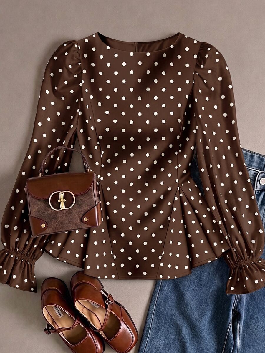 Piper Polka Dot Pleated Flare Sleeve Round Neck Shirt - Brown
