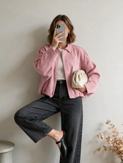 Sabrina Faux Suede Oversized Cropped Collared Jacket - Pink