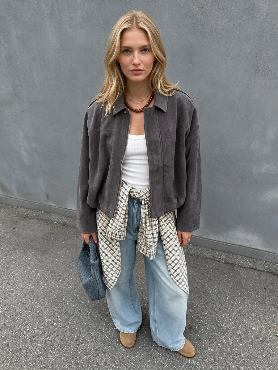 Sabrina Faux Suede Oversized Cropped Collared Jacket - Charcoal Grey