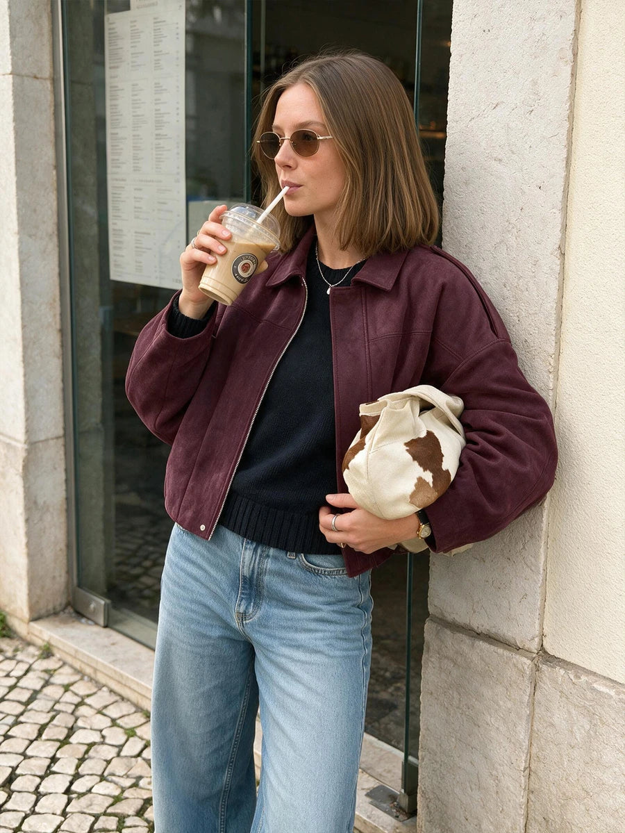Sabrina Faux Suede Oversized Cropped Collared Jacket - Burgundy