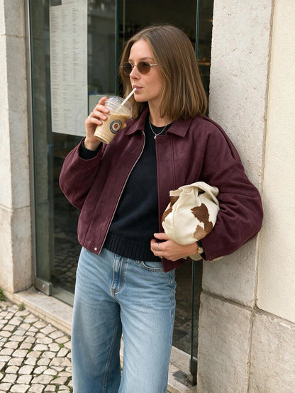 Sabrina Faux Suede Oversized Cropped Collared Jacket - Burgundy