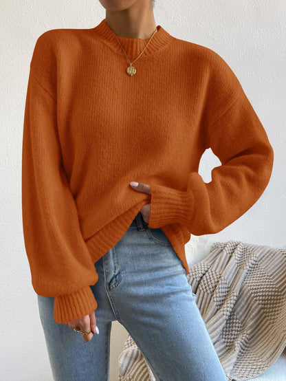 Viola Relaxed Mock Neck Sweater with Drop Shoulders - Burnt Orange