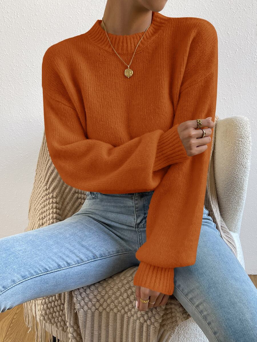 Viola Relaxed Mock Neck Sweater with Drop Shoulders - Burnt Orange