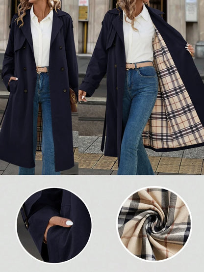 Fleur Long Double Breasted Trench Coat with Raglan Sleeves - Navy