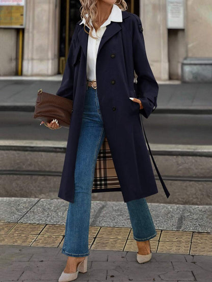 Fleur Long Double Breasted Trench Coat with Raglan Sleeves - Navy