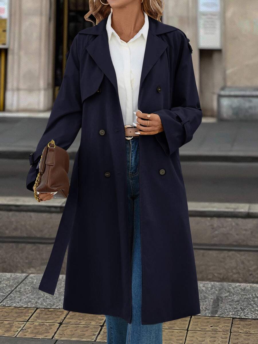 Fleur Long Double Breasted Trench Coat with Raglan Sleeves - Navy