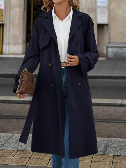 Fleur Long Double Breasted Trench Coat with Raglan Sleeves - Navy