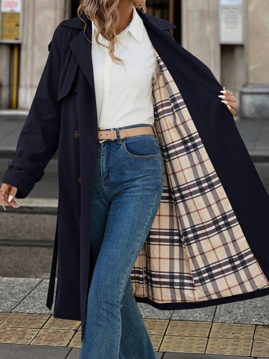 Fleur Long Double Breasted Trench Coat with Raglan Sleeves - Navy