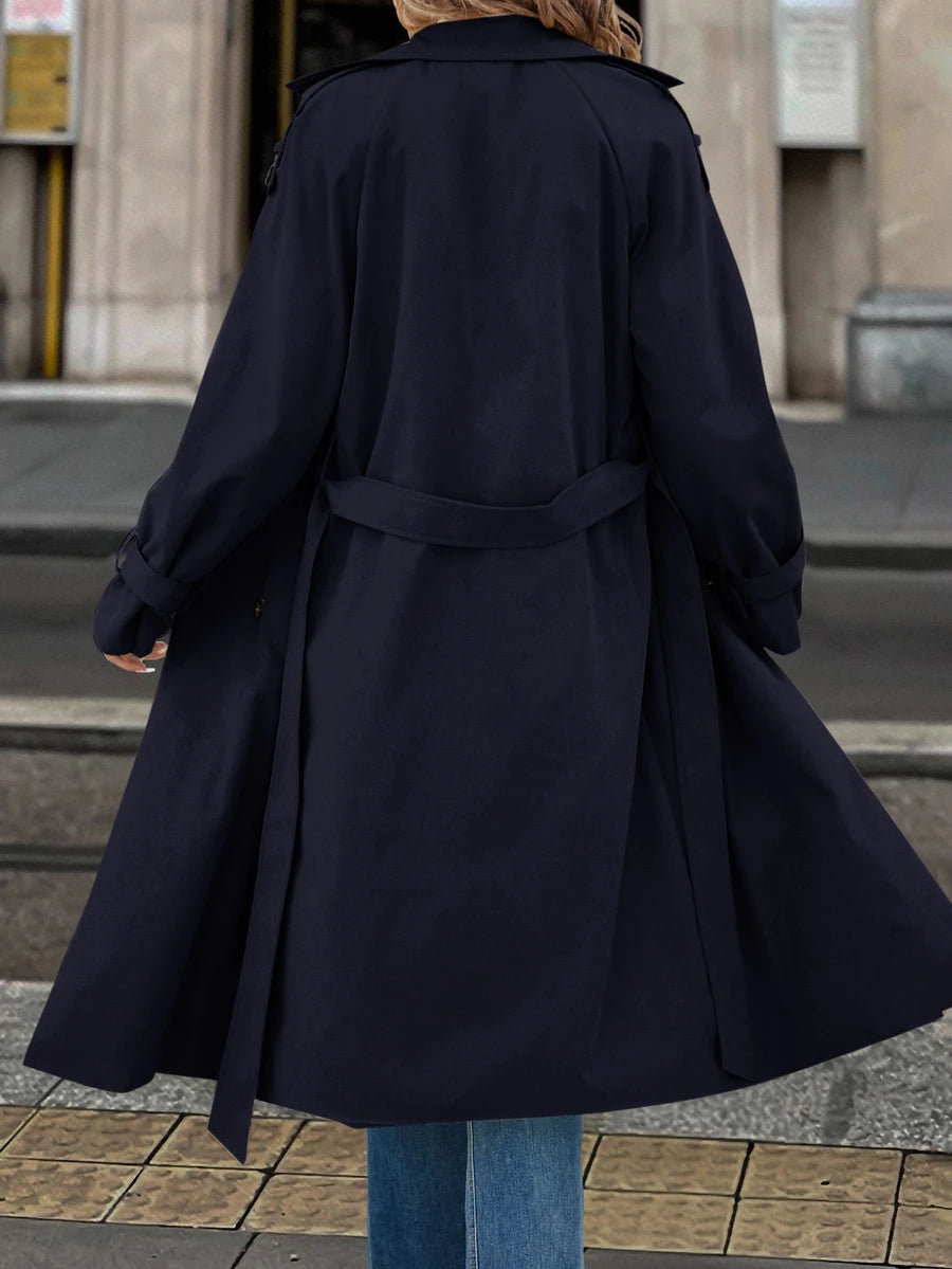 Fleur Long Double Breasted Trench Coat with Raglan Sleeves - Navy