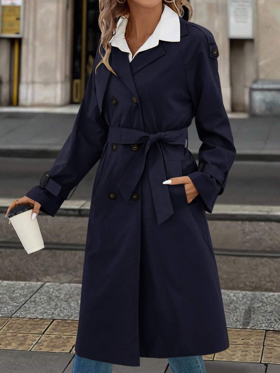 Fleur Long Double Breasted Trench Coat with Raglan Sleeves - Navy