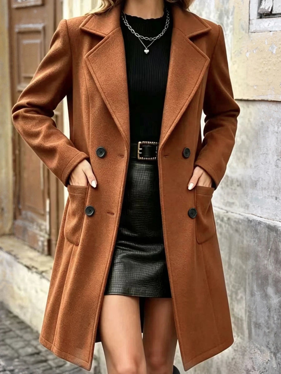 Charlotte Notched Lapel Double-Breasted Tailored Midi Coat - Camel