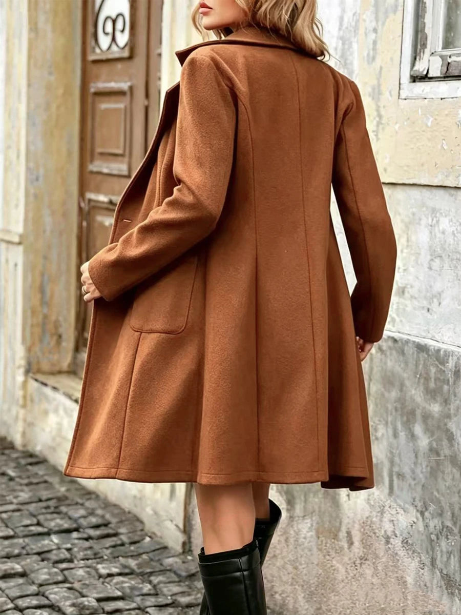 Charlotte Notched Lapel Double-Breasted Tailored Midi Coat - Camel