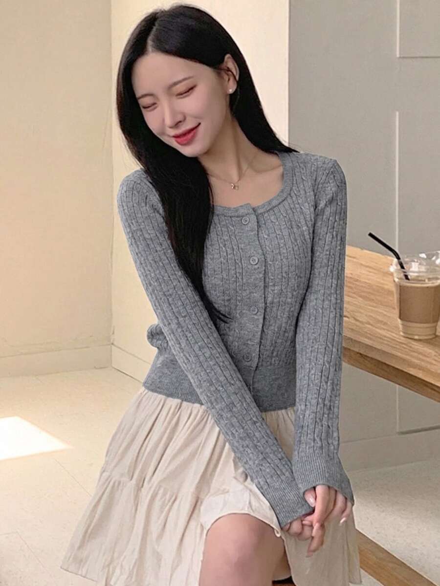 Women's Fitted V-Neck Button Front Cardigan, Twist Knit Sweater for Work and Fall - Navy Blue
