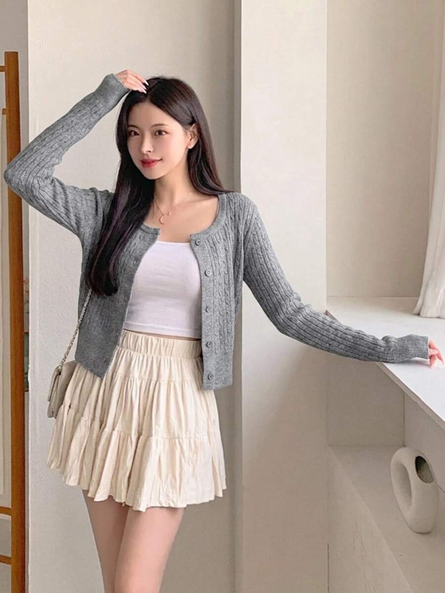 Women's Fitted V-Neck Button Front Cardigan, Twist Knit Sweater for Work and Fall - Khaki