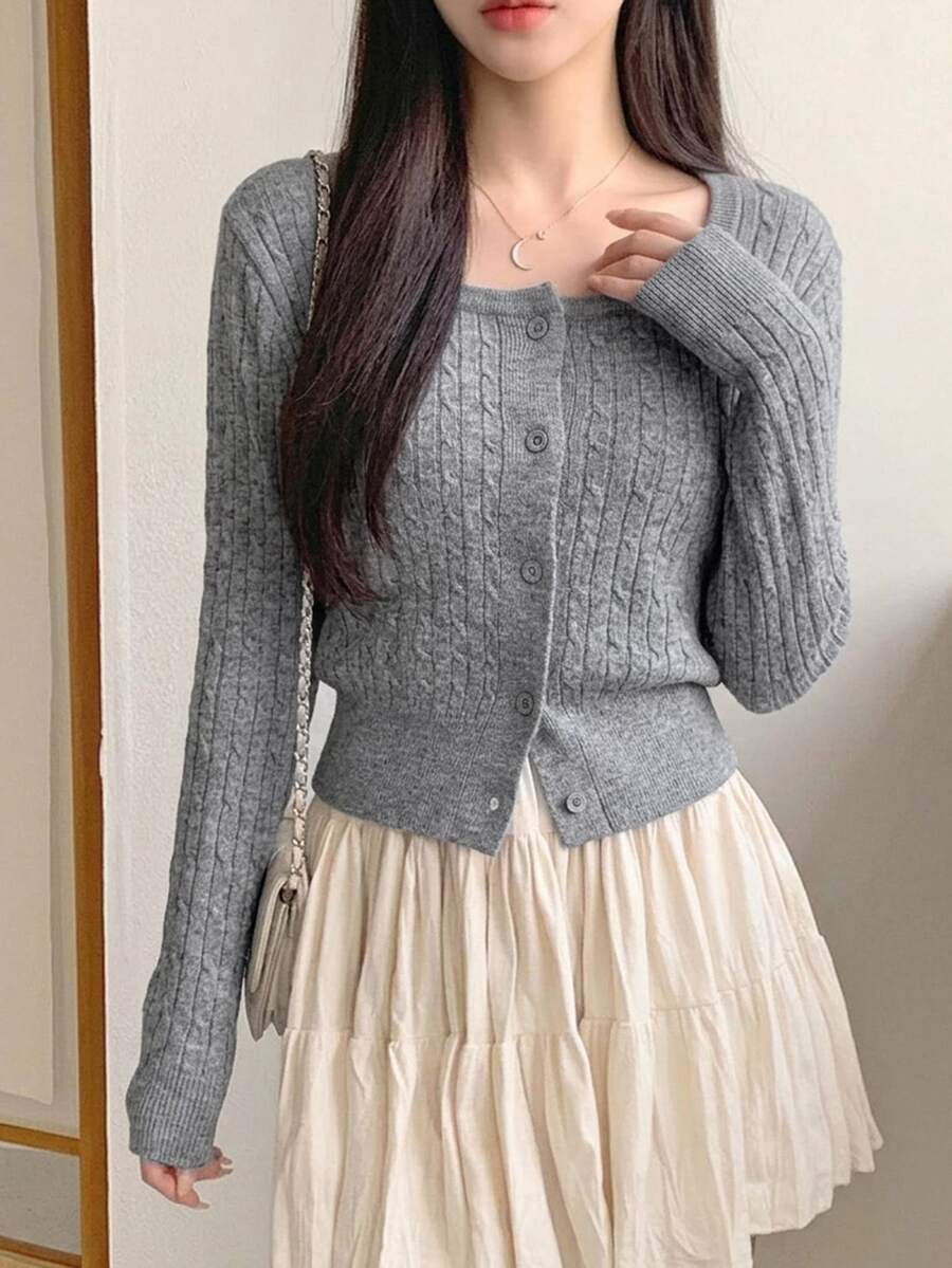 Women's Fitted V-Neck Button Front Cardigan, Twist Knit Sweater for Work and Fall - Black