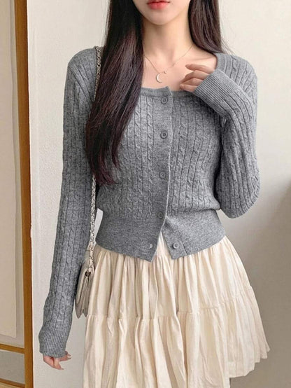 Women's Fitted V-Neck Button Front Cardigan, Twist Knit Sweater for Work and Fall - Black