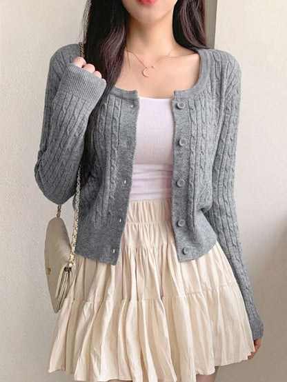 Women's Fitted V-Neck Button Front Cardigan, Twist Knit Sweater for Work and Fall - White