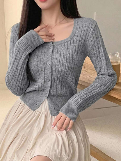Women's Fitted V-Neck Button Front Cardigan, Twist Knit Sweater for Work and Fall - Green