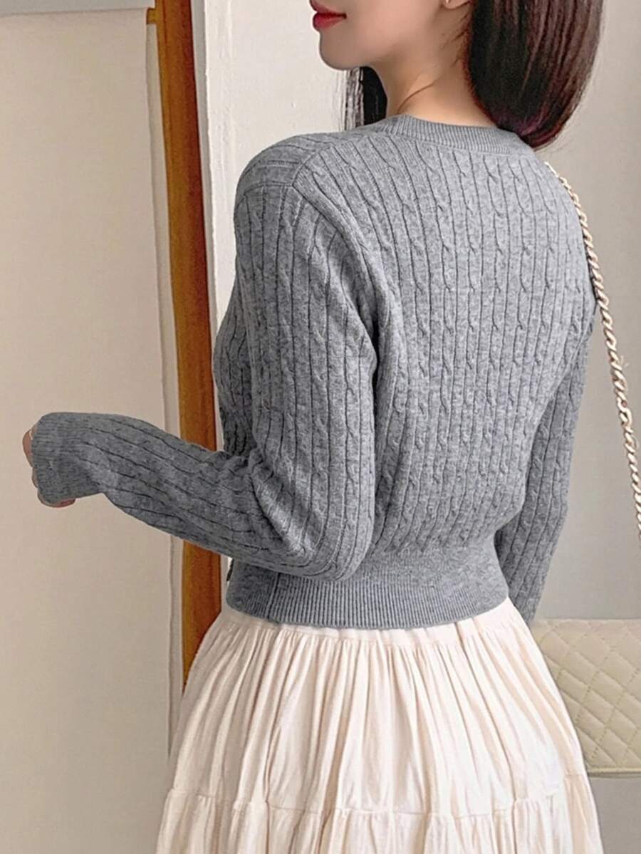 Women's Fitted V-Neck Button Front Cardigan, Twist Knit Sweater for Work and Fall - Grey