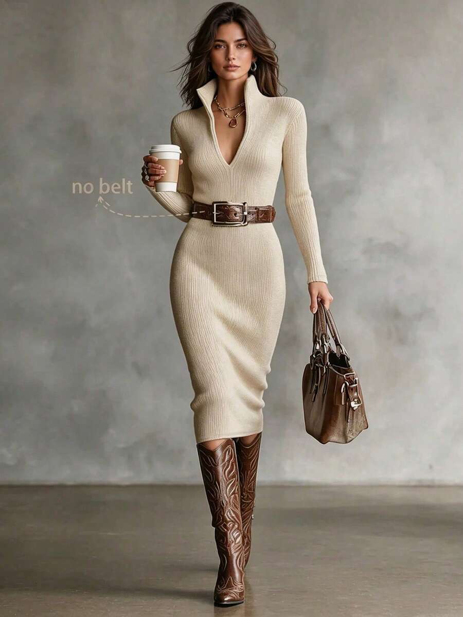 Aurelie Collared V-Neck Ribbed Knit Midi Sweater Dress - Green