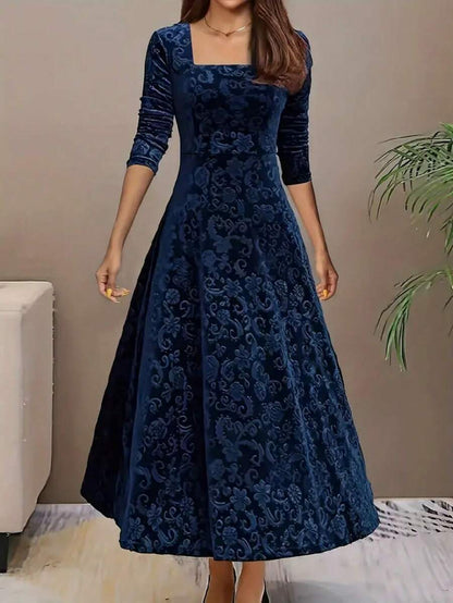 Istanbul Floral Velvet Square Neck A Line Midi Dress