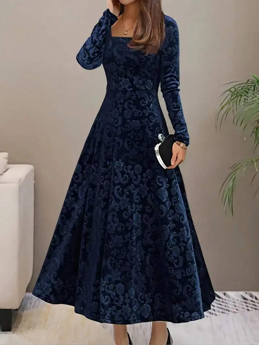 Istanbul Floral Velvet Square Neck A Line Midi Dress