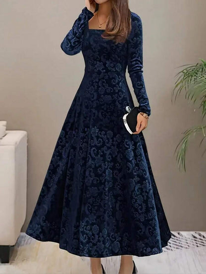 Istanbul Floral Velvet Square Neck A Line Midi Dress