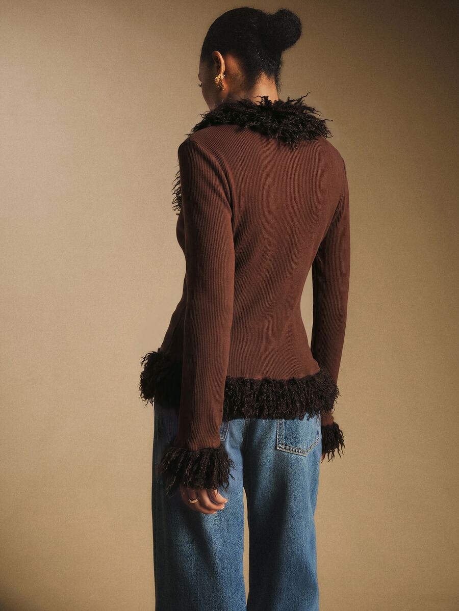 Women's Faux Fur Trim Tie Front Knit Top, Sweater Top for Holiday and Evening - Apricot