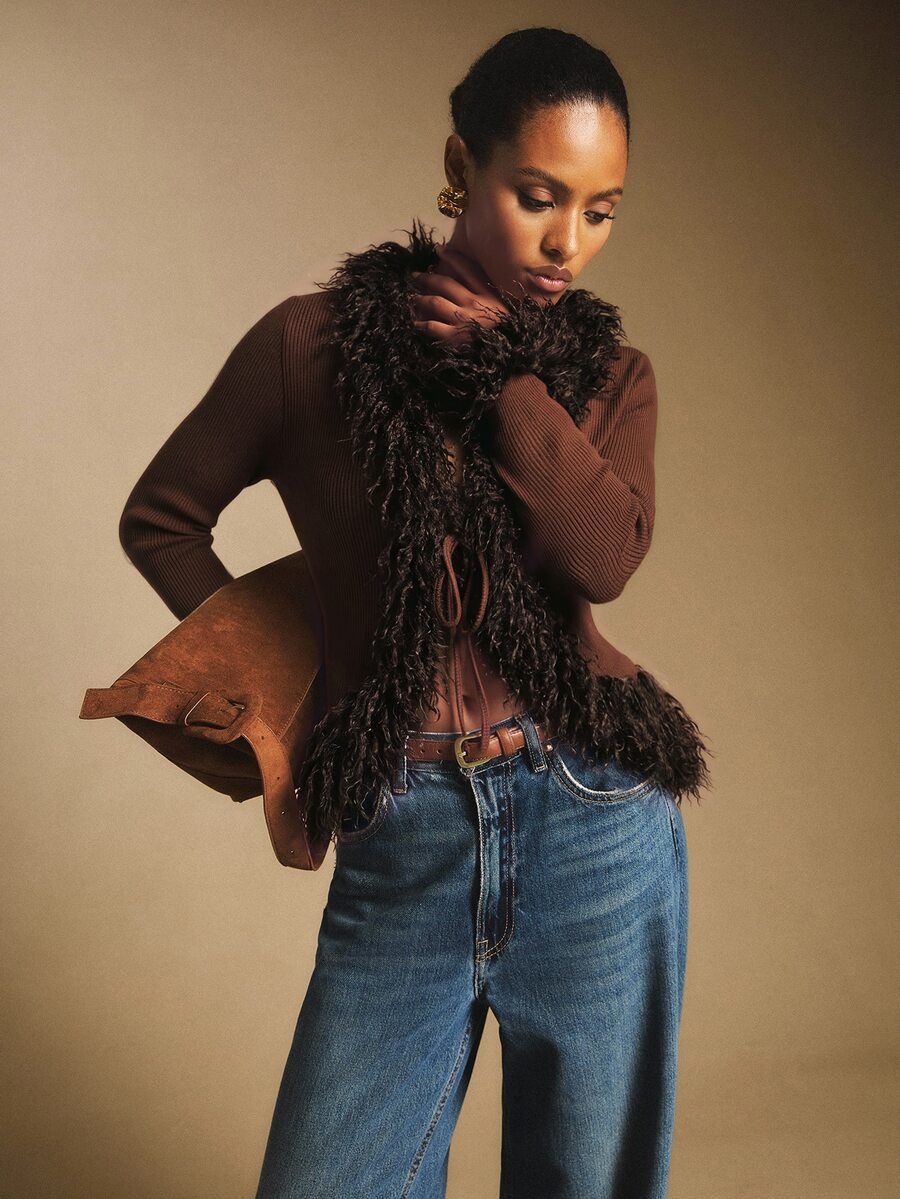 Women's Faux Fur Trim Tie Front Knit Top, Sweater Top for Holiday and Evening - Apricot