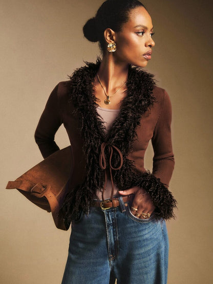 Women's Faux Fur Trim Tie Front Knit Top, Sweater Top for Holiday and Evening - Coffee Brown