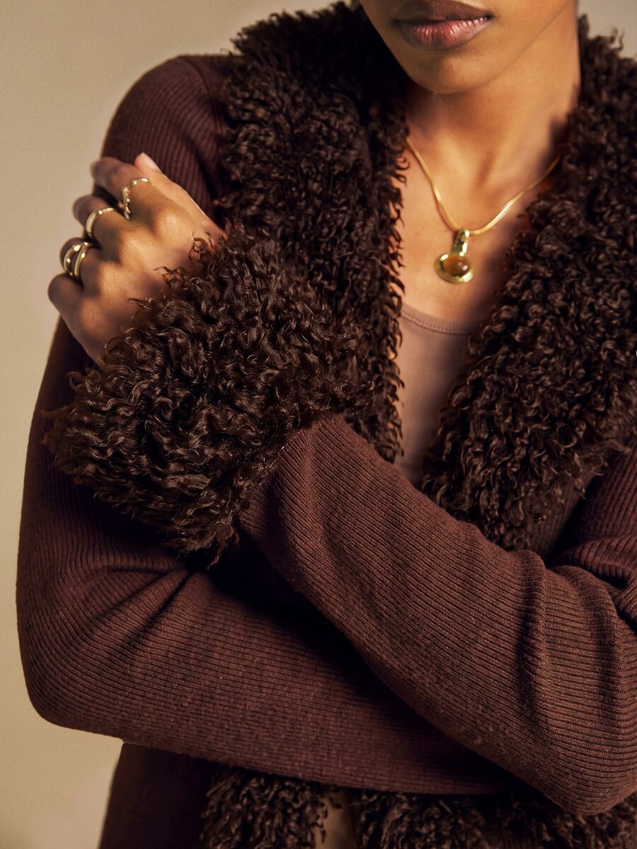Women's Faux Fur Trim Tie Front Knit Top, Sweater Top for Holiday and Evening - Coffee Brown