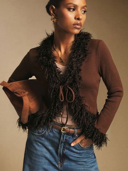 Women's Faux Fur Trim Tie Front Knit Top, Sweater Top for Holiday and Evening - Coffee Brown