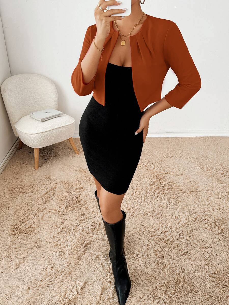 Philomena Pleated Neckline Open Front Cropped Knit Blazer - Rust