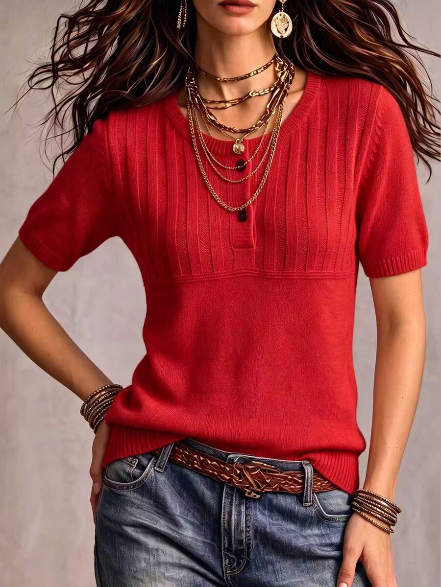 Marielle Textured Knit Half-Button Short Sleeve Sweater Top - Red