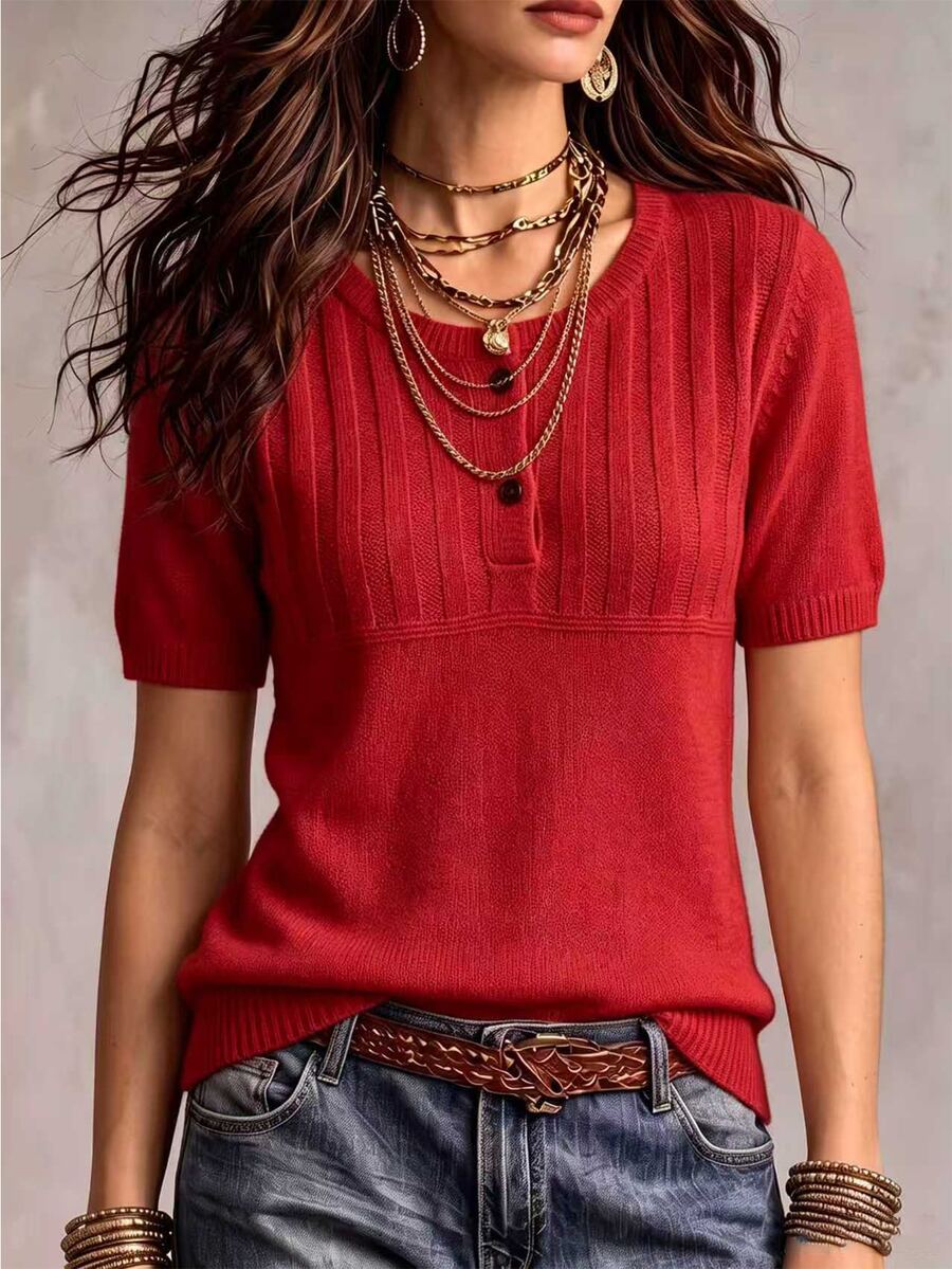 Marielle Textured Knit Half-Button Short Sleeve Sweater Top - Red