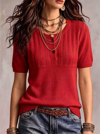 Marielle Textured Knit Half-Button Short Sleeve Sweater Top - Red