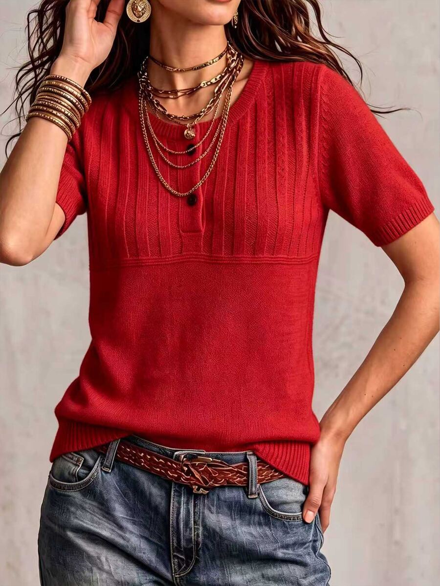 Marielle Textured Knit Half-Button Short Sleeve Sweater Top - Red