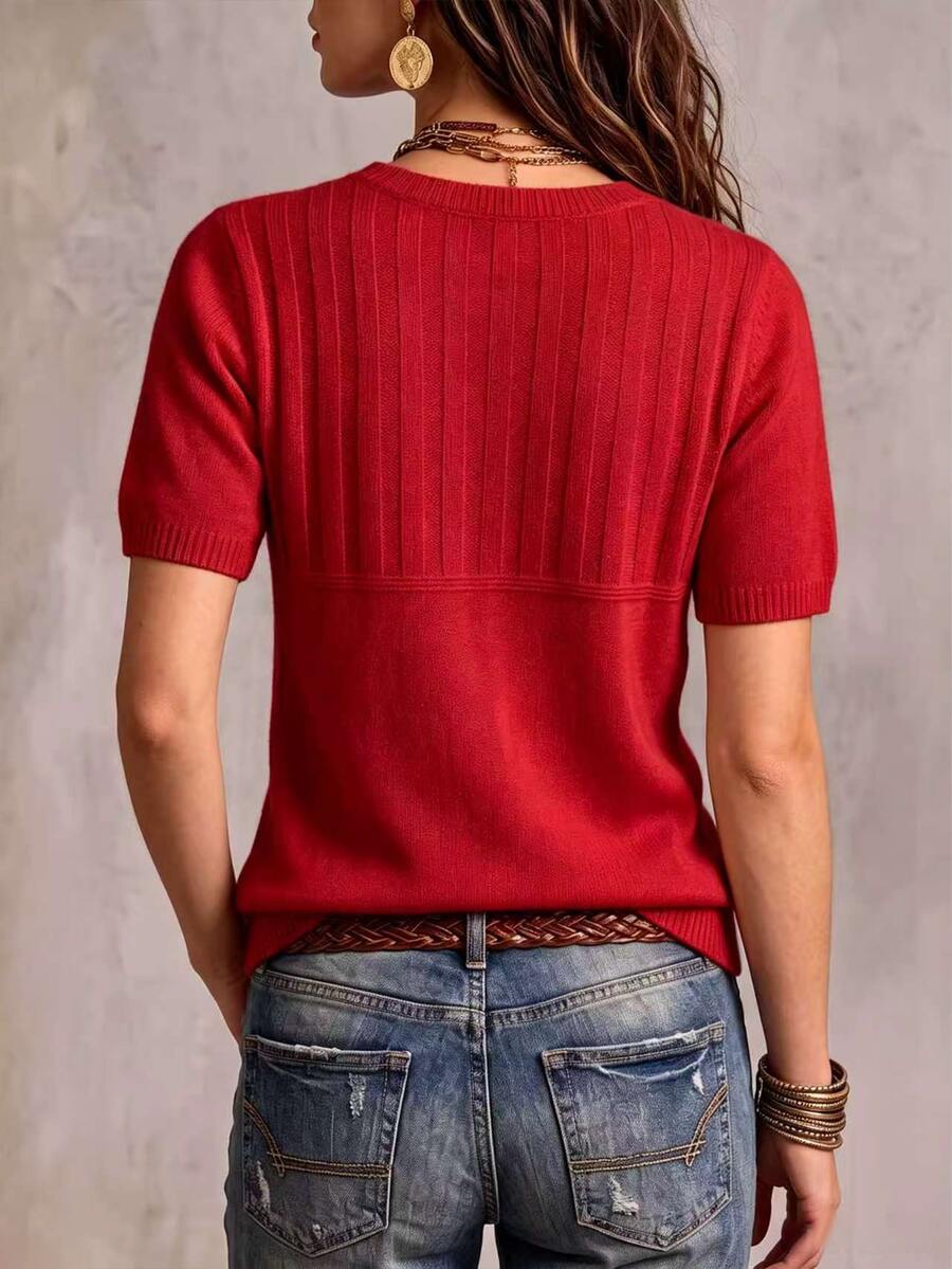 Marielle Textured Knit Half-Button Short Sleeve Sweater Top - Red