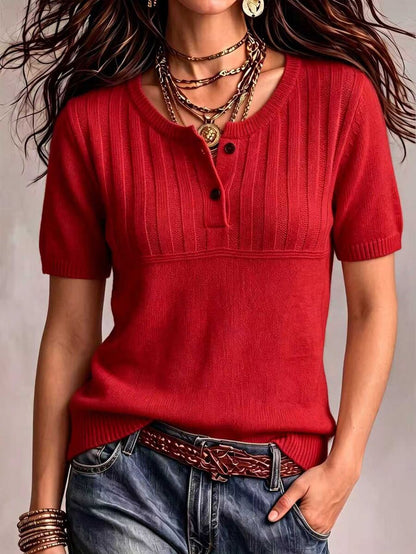 Marielle Textured Knit Half-Button Short Sleeve Sweater Top - Red